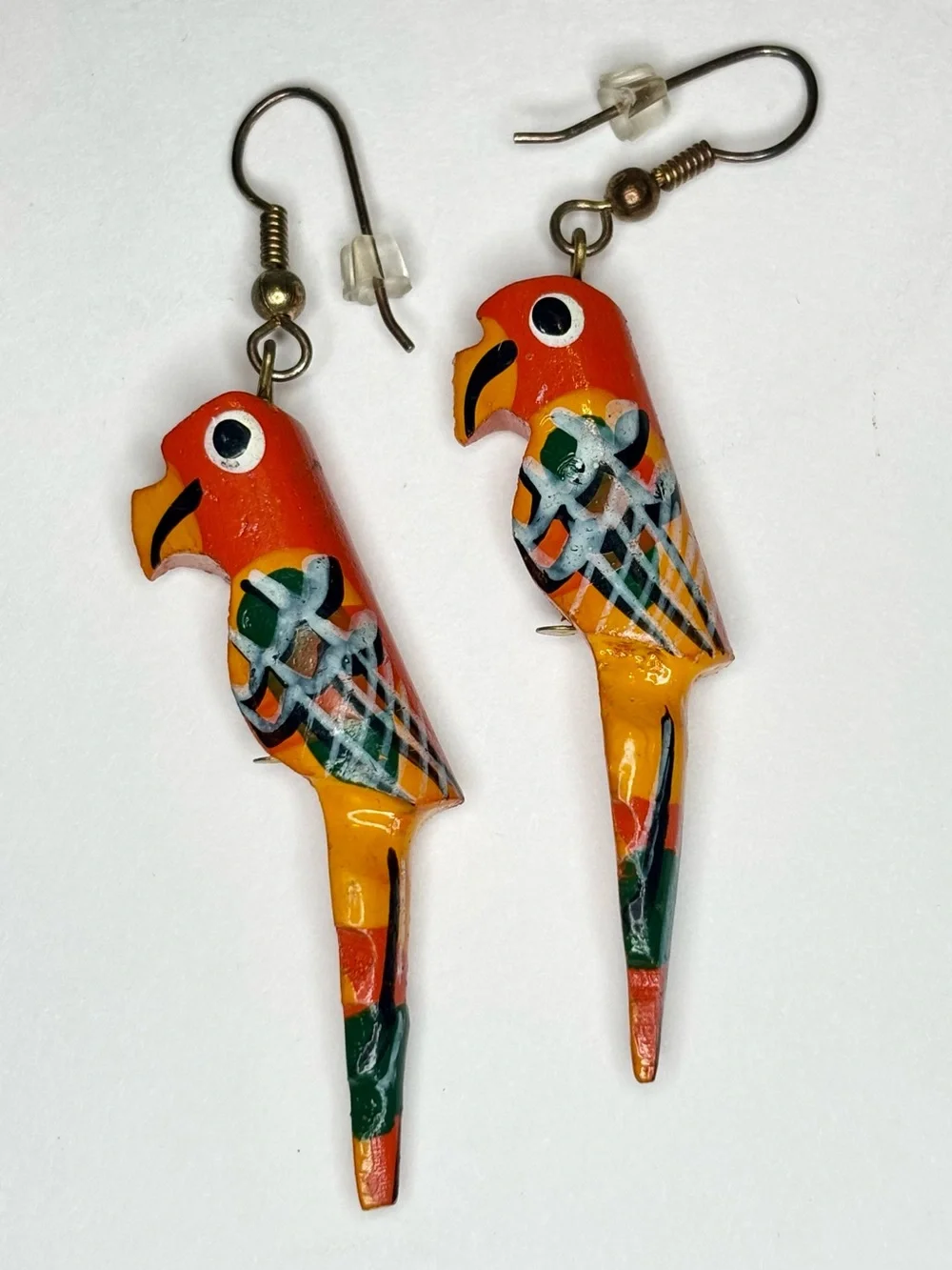 Vintage 1980’s Hand Painted Wood Parrot Dangle Earrings